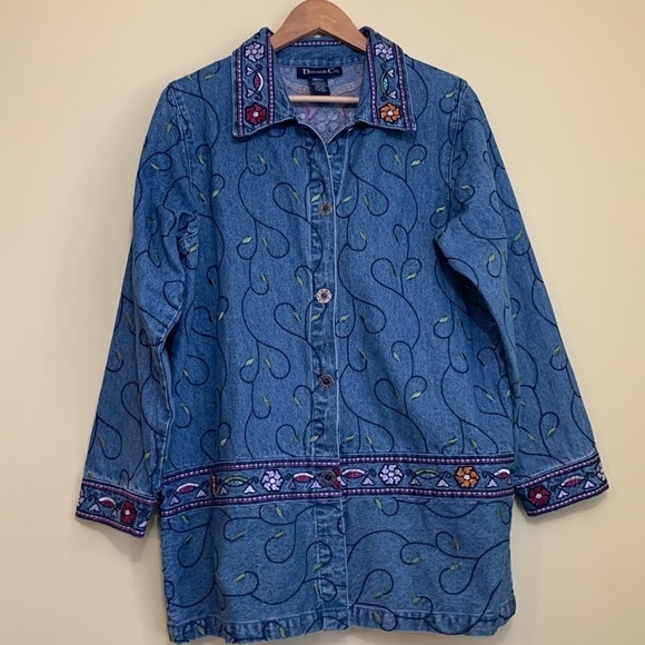 Denim & Co Embroidered Denim Jean Button Down Floral Long Boho Shirt Jacket S